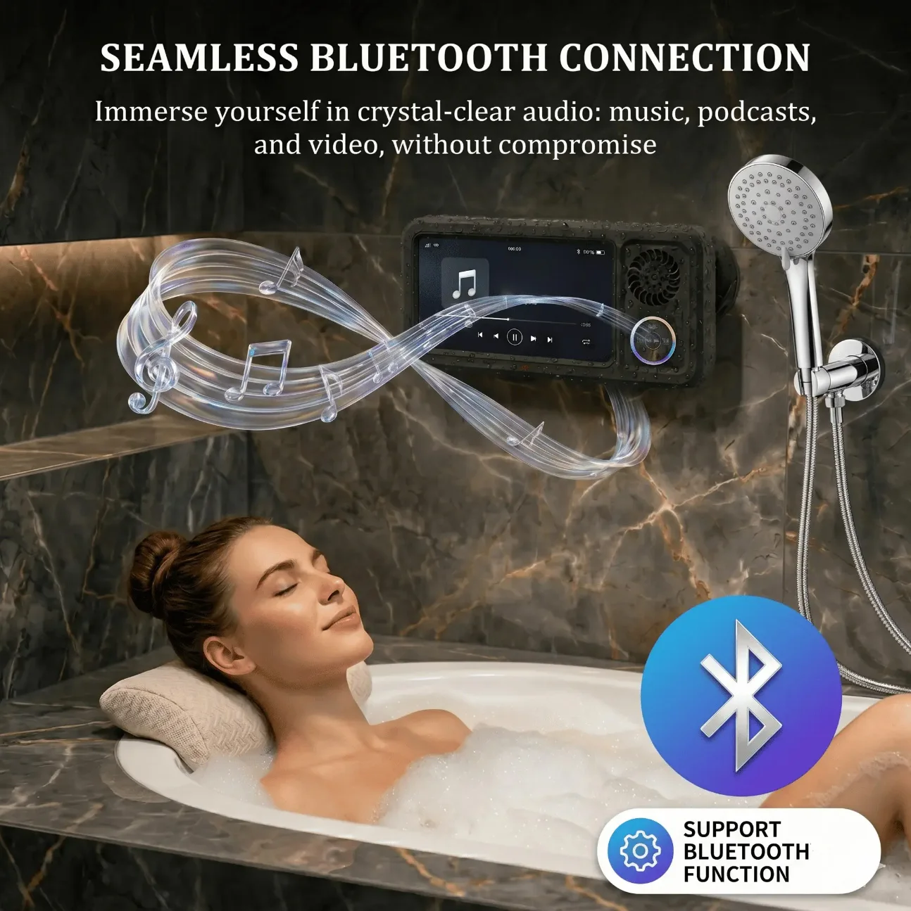 Shower Phone Holder Wireless Bluetooth Speaker Waterproof 5 Keys, IP65 Waterproof Touch Screen,Fits Phones up to 7