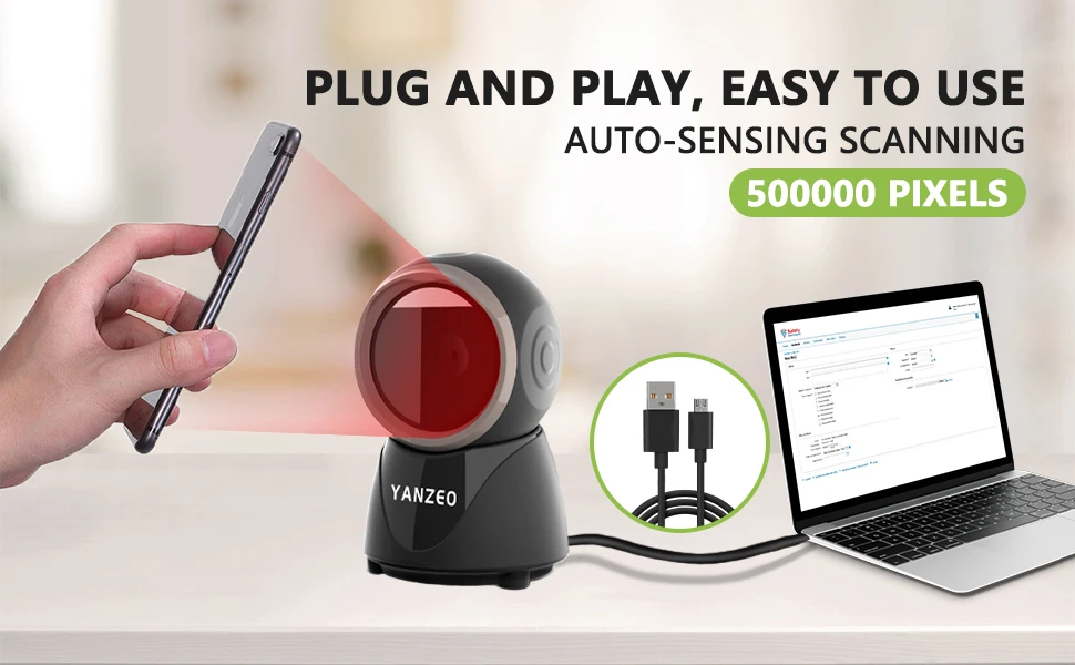 YANZEO YS860 2D/1D Desktop Barcode Scanner - Hands-Free QR Code Reader with Fast Auto-Scan for Retail, Office & Warehouse