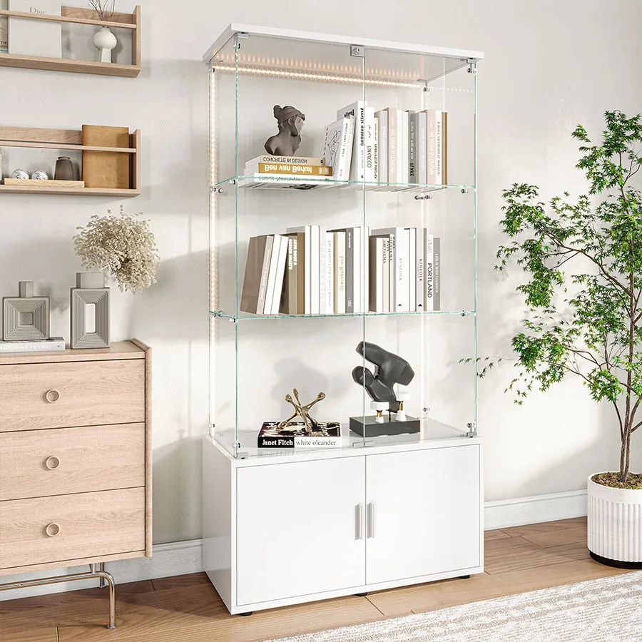 Anajqaqia Vetrina in vetro dal pavimento al soffitto, mobile da terra con ripiani a 4 livelli e illuminazione a LED, per bar, bianco/nero