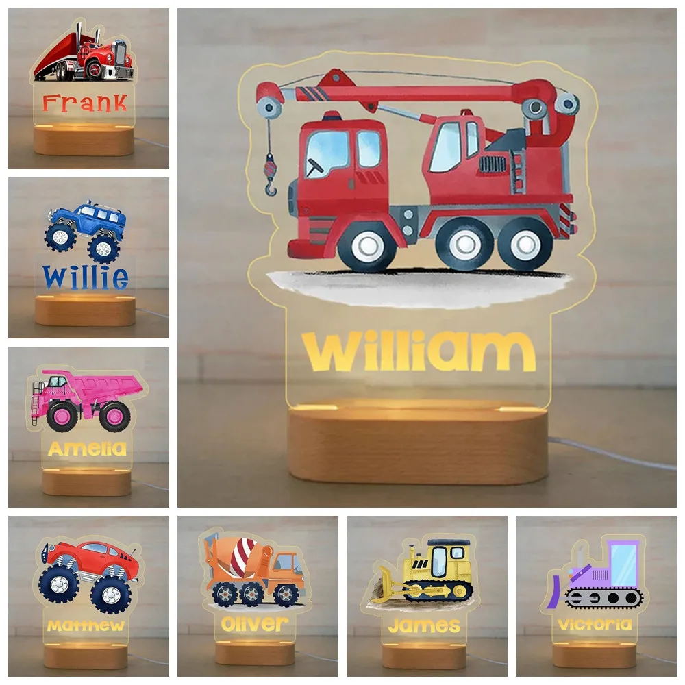 

Personalized Engineering Vehicle Car LED Night Light Custom Name 3D Lamp With Warm/RGB Light for Kids Room Bedside Table Decor