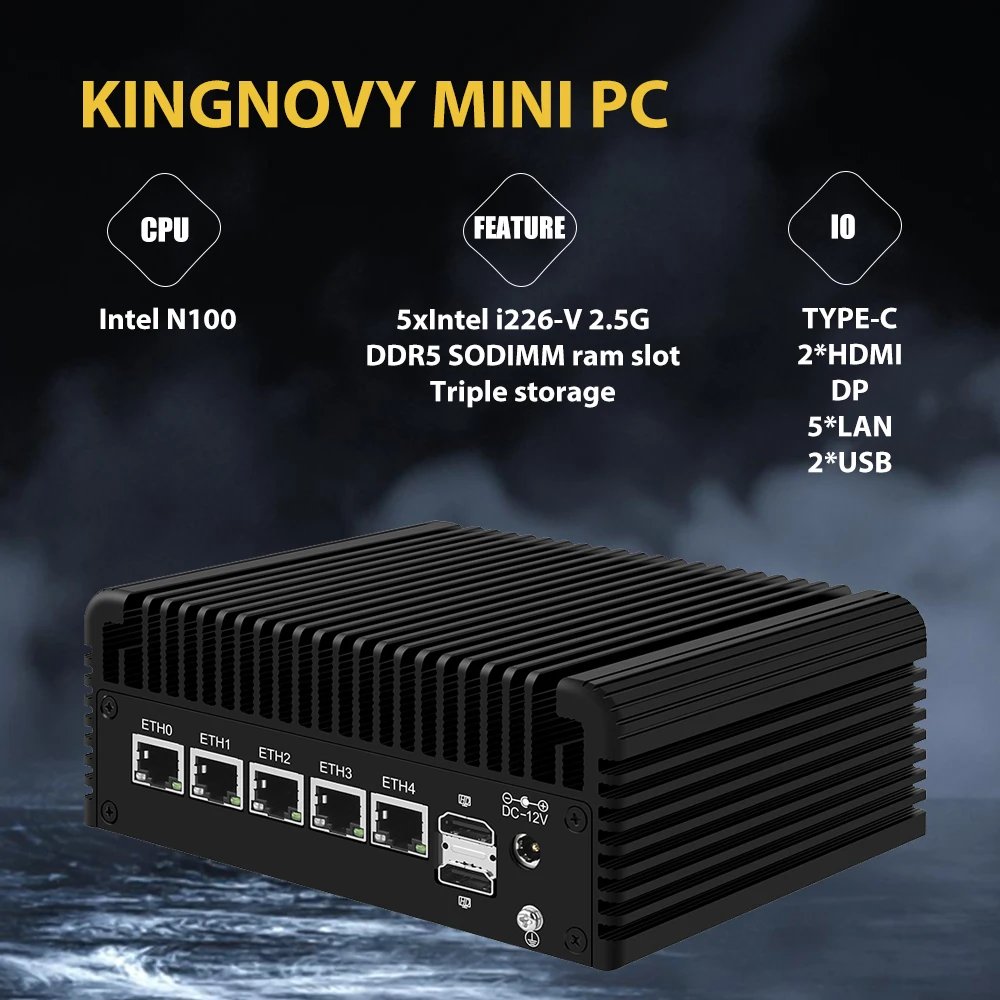 

5 Ports Firewall Micro Appliance Fanless Mini PC Intel Processor N100 i226 2.5G LAN, DDR5 RAM Gigabit Ethernet AES-NI VPN Router