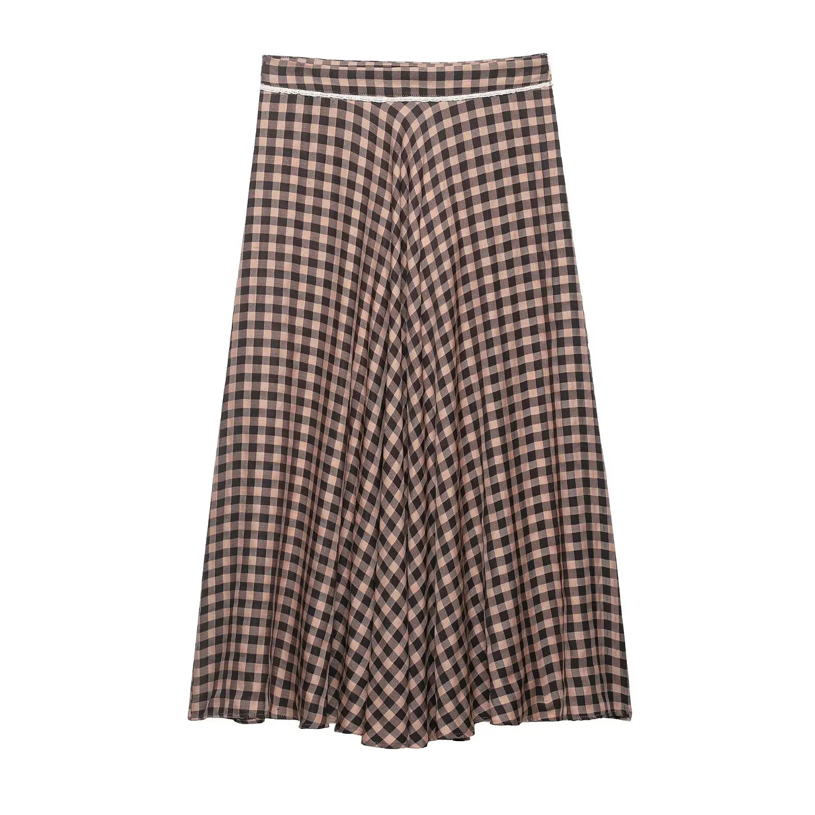 Falda Midi Vintage Francesa a Cuadros para Mujer, Elegante Falda Plisada de Cintura Alta en Tono Marrón y Negro, Estilo Coreano Chic