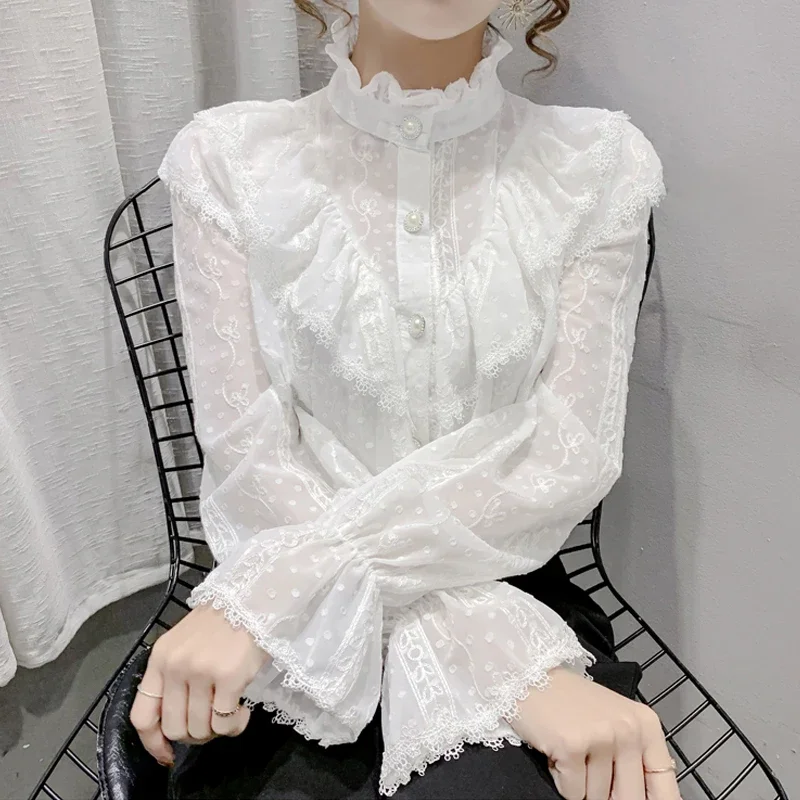 Koreański styl wzburzyć szwy koronkowa bluzka moda z długim rękawem luźna szyfonowa koszula elegancka stójka plisowane topy Blusas 15832 — zdjęcie 2