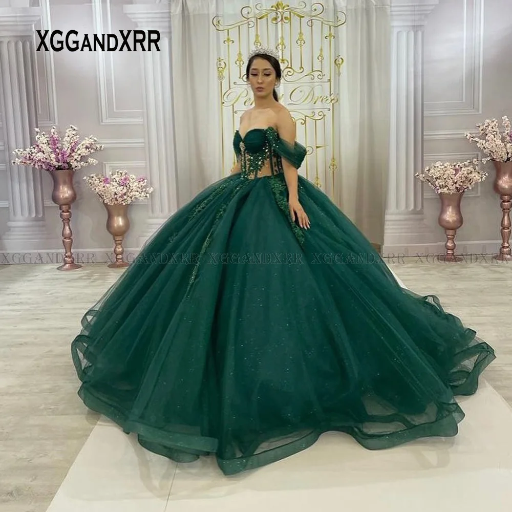 Vestidos De quinceañera De color verde oscuro personalizados, vestido De baile con hombros descubiertos, vestido De princesa dulce 16, Vestidos De 15 Anos, Gala De cumpleaños