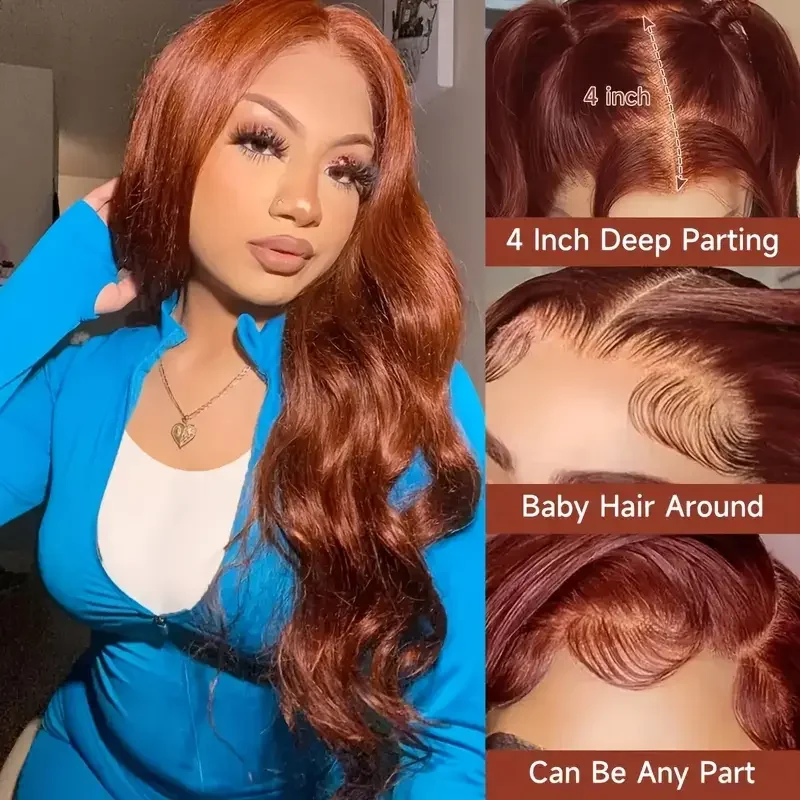Body Wave Reddish Brown 13x6 Lace Front Wigs Human Hair Preplucked Auburn Colored Human Hair HD Lace Frontal Wig 180 Density