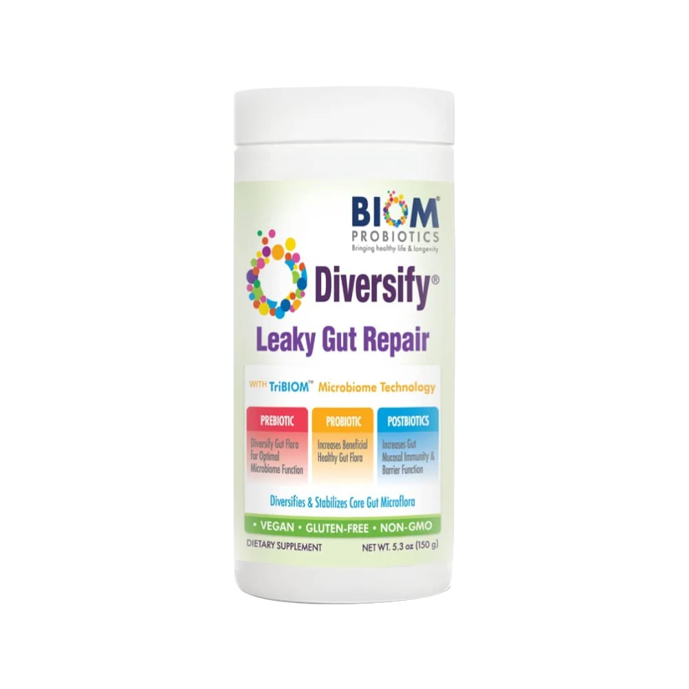 Diversify® Total Gut Health TriBIOM Technology Against Leaky Gut. Probiotics+Prebiotics+Postbiotics to Diversify & Stability Gut