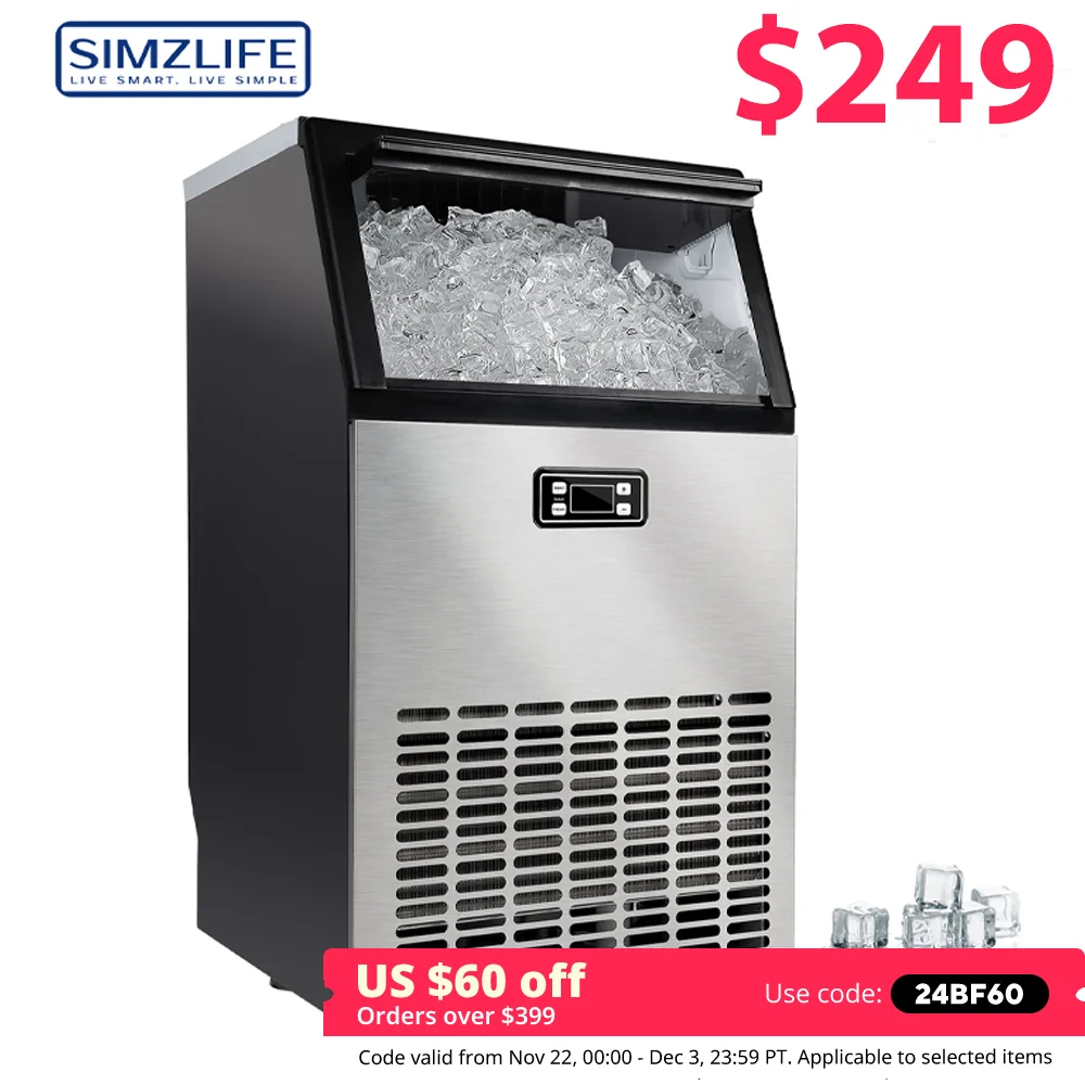 Simzlife Commercial Cube Ice Maker Machine 100lbs/24H 33lbs Ice Storage Capacity Stainless Steel ice Machine for Bar Restaurant