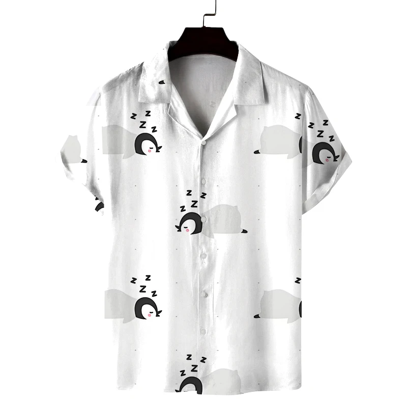 남성 여름 쿠바 칼라 반팔 셔츠 귀여운 작은 동물 프린트 남성 셔츠 편안하고 통기성 좋음