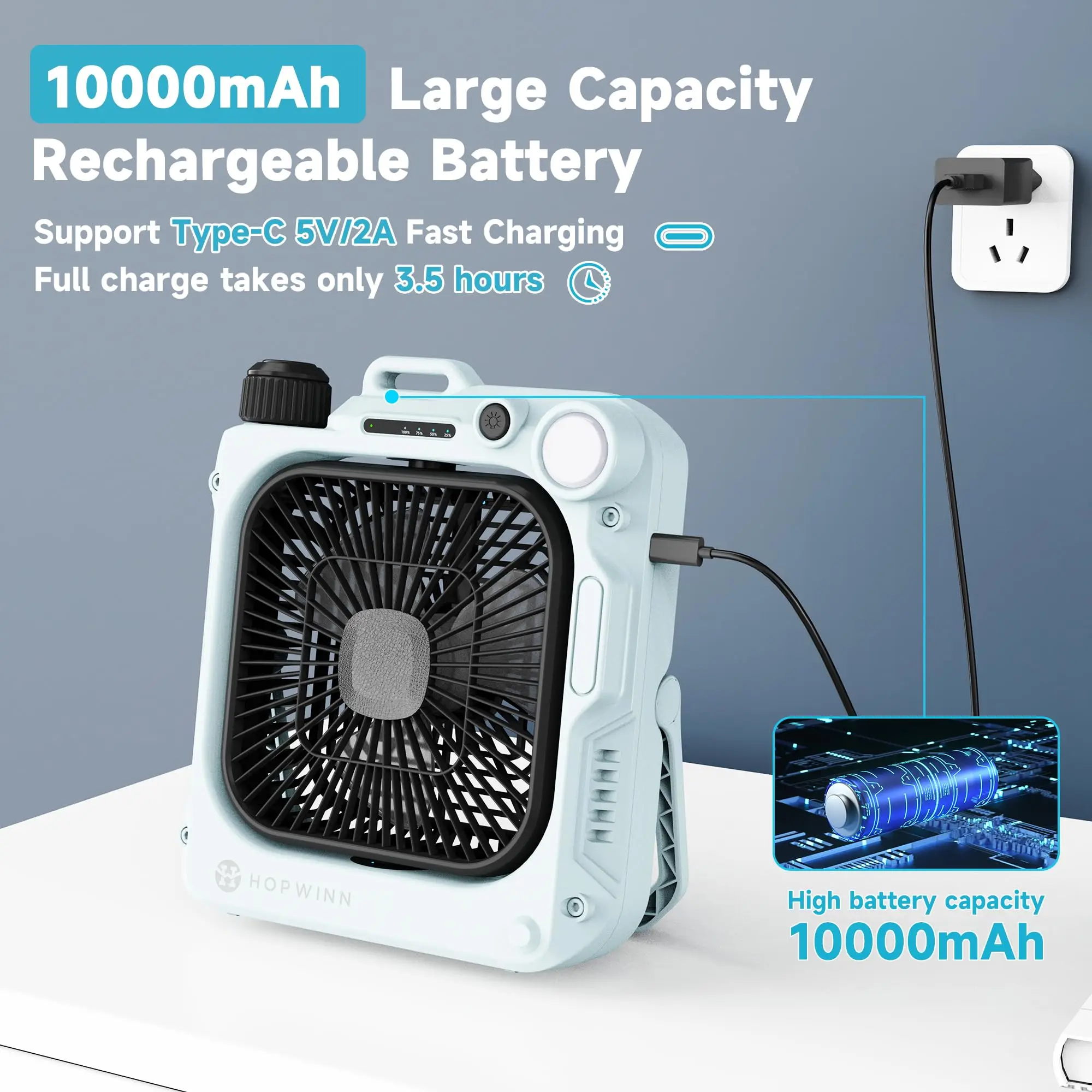 Imagem -02 - Bateria Portátil Operado Ventilador de Acampamento Recarregável Lanterna Led Viagem Desktop Ventiladores Elétricos com Gancho Suspenso 10000mah