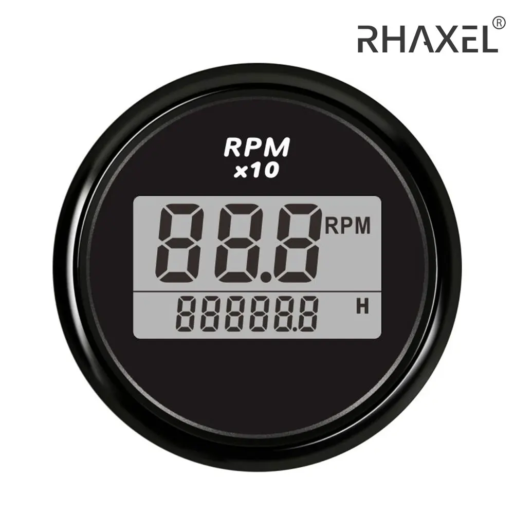 RHAXEL Waterproof 52mm Digital Tachometer 0-9990RPM Meter with Hour Meter 9-32V with Red Backlight for Trucks Yachts Vessels