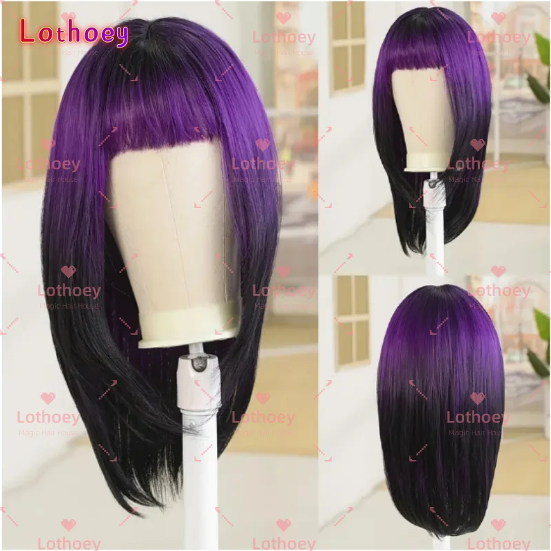 Парик из натуральных волос, натуральные волнистые парики из человеческих волос с челкой, градиент фиолетового цвета, очаровательный парик для вечеринок и повседневного использования, косплей для женщин