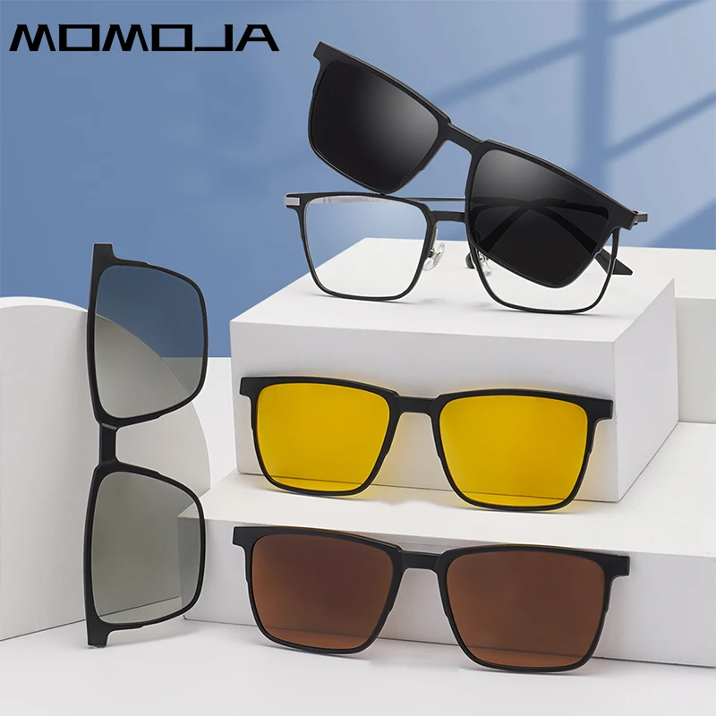 

MOMOJA Brand Square Polarized Sunglasses Men's And Women's Myopia Prescription Glasses Retro Clip-on Magnetic Set 4+1 93006