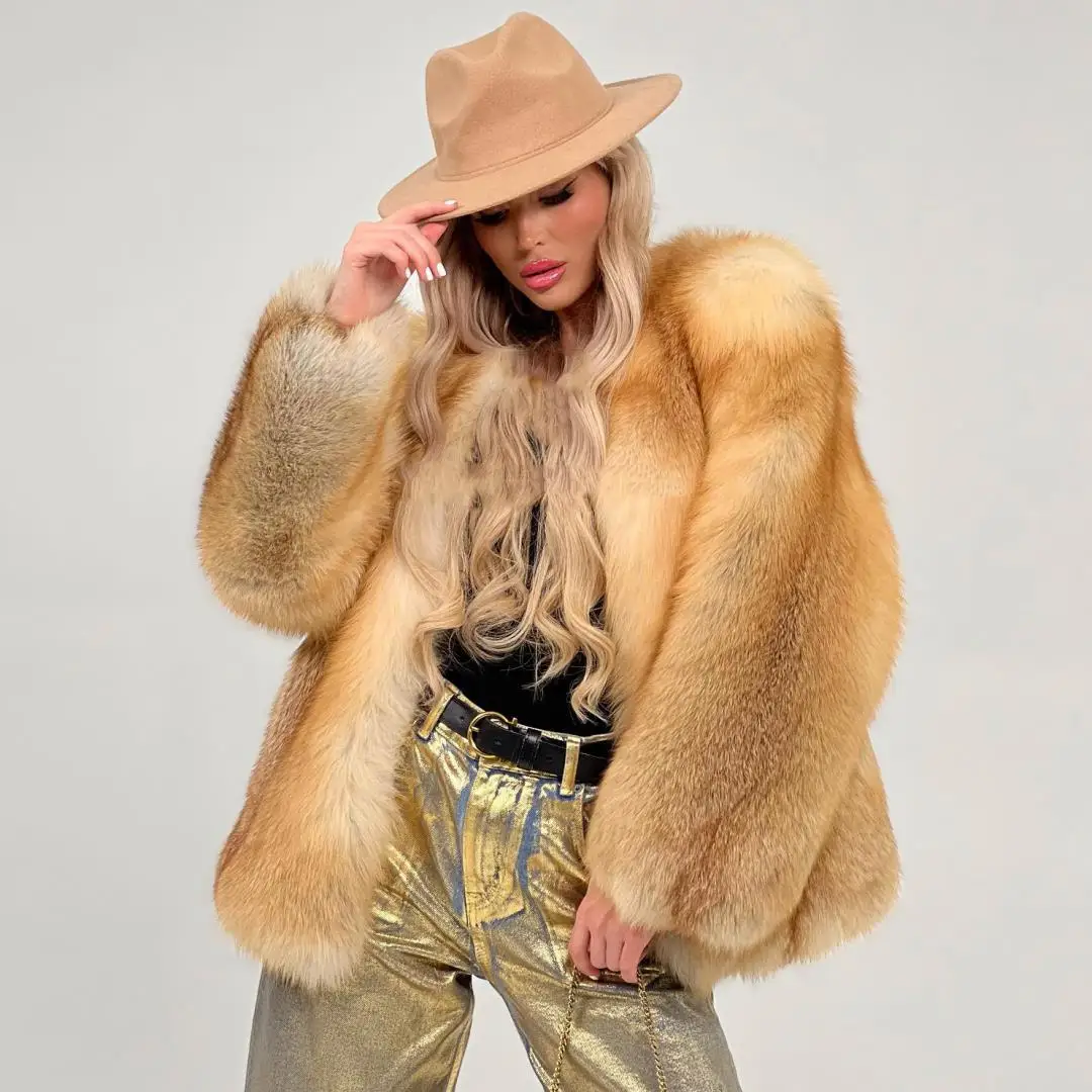 Casaco de pele vermelha Fox de comprimento médio para mulheres, jaqueta genuína Fox Fur, Outwear de luxo, Ollar redondo, moda inverno, atacado