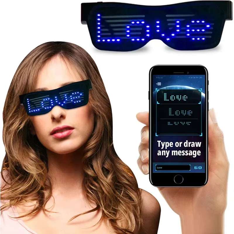 

App Control Bluetooth Led Party Glasses Customized Languages USB Charge Flashing LED Glasses for Party Bar Festival Performance