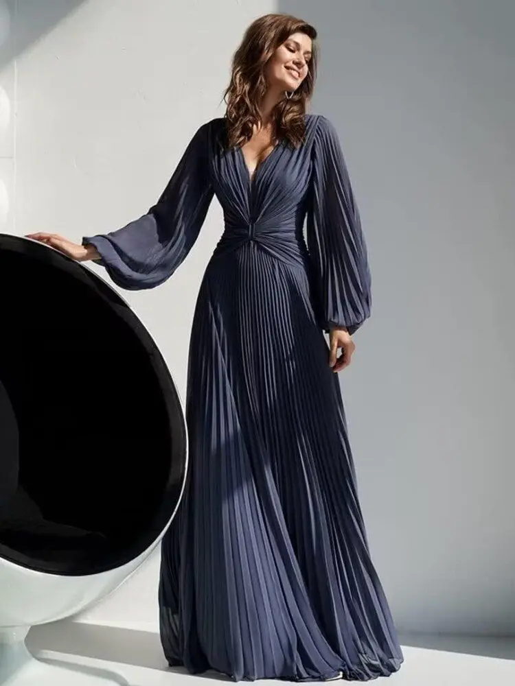 Customized V Neck Soft Chiffon Maxi Mother Of The Bride Dresses Puffy Sleeves Low Back Women\'s Guest Party Gown Customized