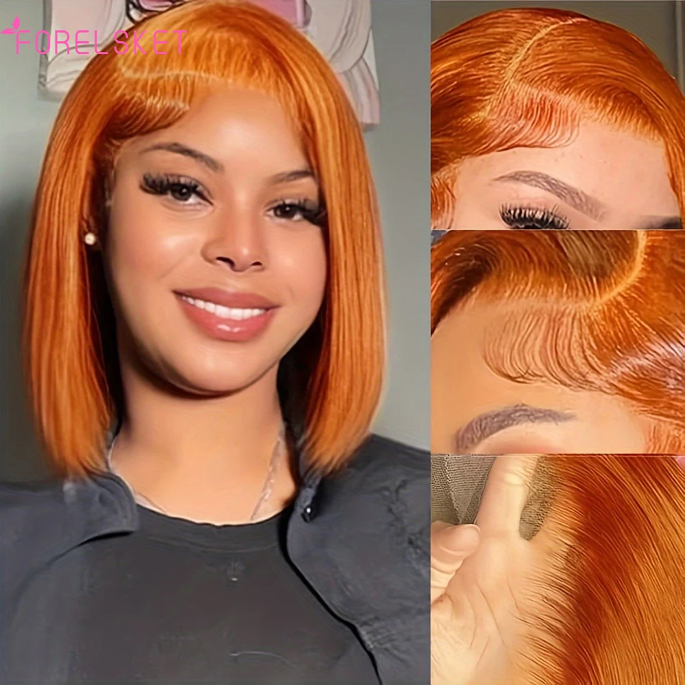 Peruca reta Bob para mulheres, pré arrancadas, atalho, cabelo virgem peruano, peruca de renda, renda HD, laranja Bob, parte do meio, densidade a 180%, 13x4