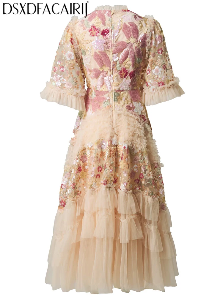 DSXDFACAIRIJ Women's O-Neck Flare Sleeves Embroidery Sequins Decorate Spring Summer Vintage New model Exquisite Dresses