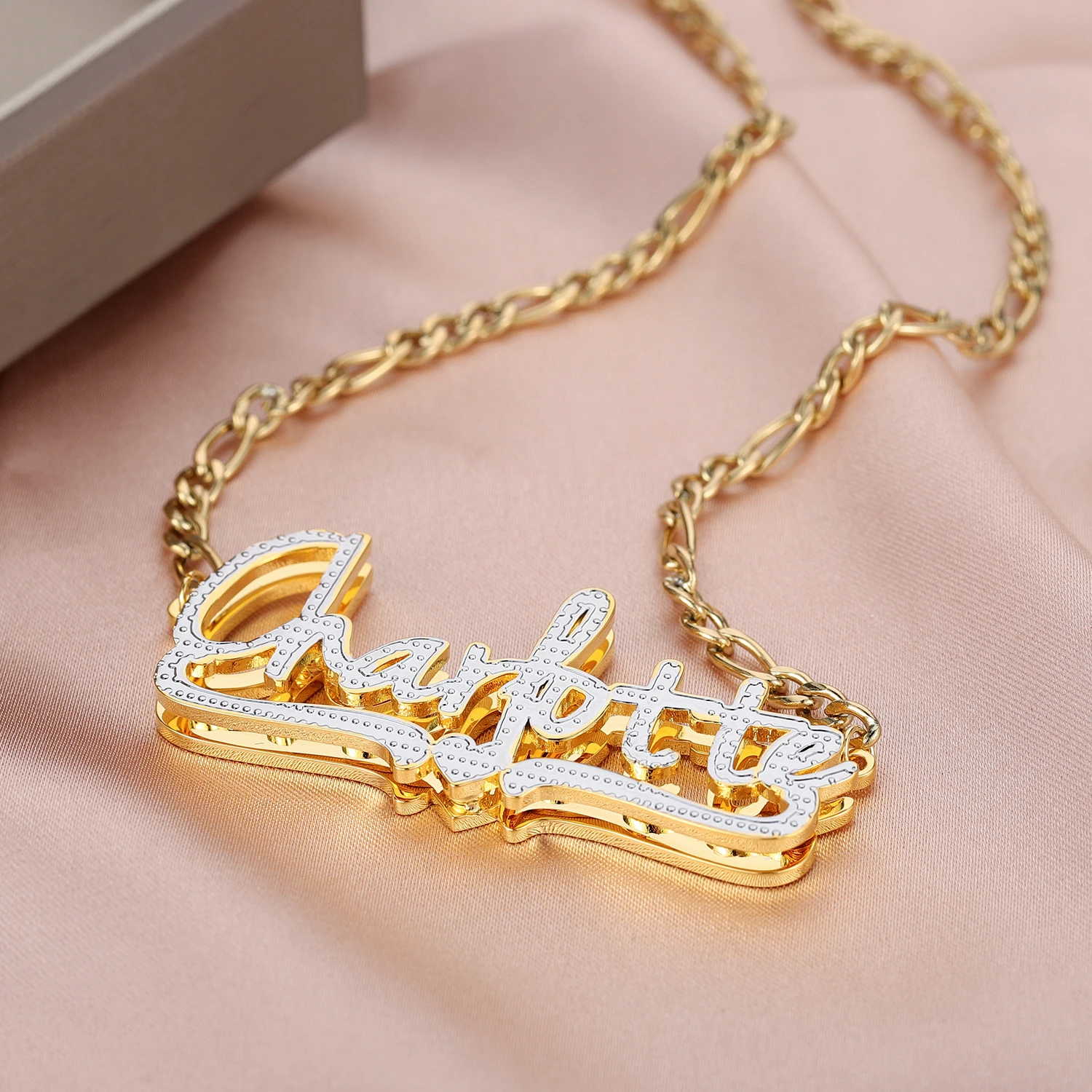 Personalized Double Layer Two Tone With Heart 18K Gold Plated Stainless Steel Handmade Custom Cursive Font Chain For Women Gifts