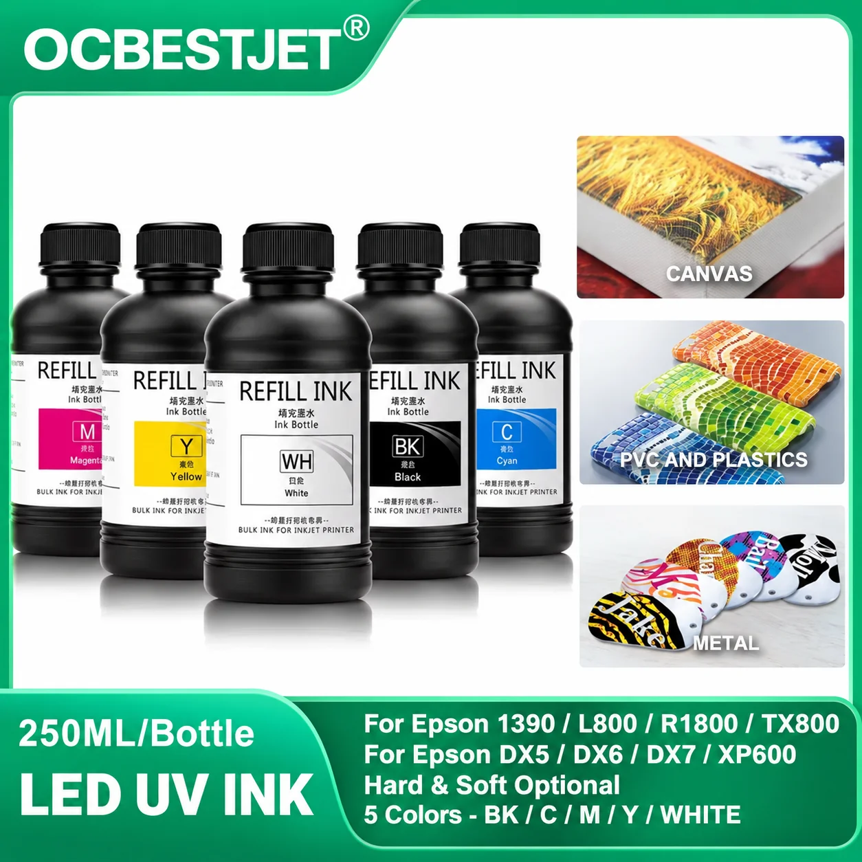 5x250ML LED UV Ink For DX4 DX5 DX6 DX7 DX10 TX800 XP600 Printhead For Epson 1390 L800 L1800 L805 R1800 R1900 UV Flatbed Printer