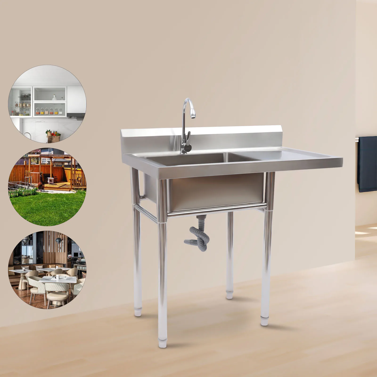

304 Stainless Steel Utility Sink with Drainboard, One Compartment Workbench Sink Commercial Sink for Restaurant, Laundry Room