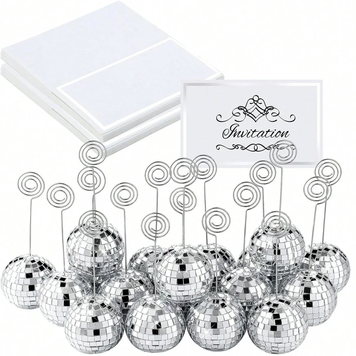 Silberner Disco-Ball-Tischnamenskartenhalter, Tischnummernhalter, Spiral-Draht-Bildständer, Fotoclips für Weihnachten, Hochzeit, Party