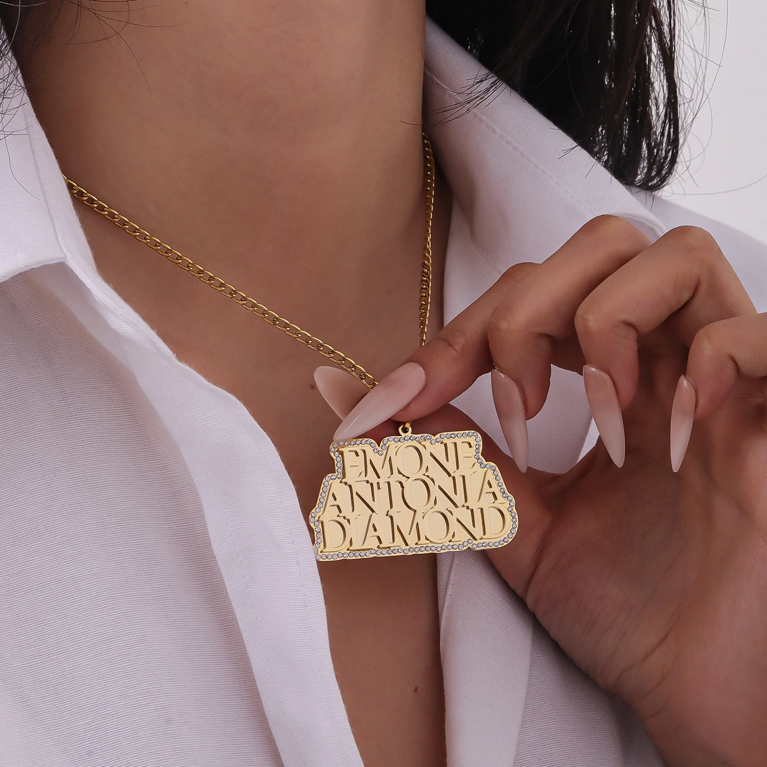 Custom 3-Rows Name Necklace Stainless Steel Cuban Chain Pendant Zircon Jewelry Gift for Women Valentine’s Day Romantic Necklace