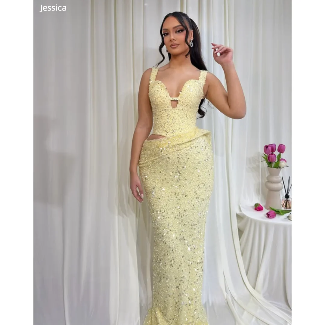 

Jessica Formal Occasions Evening Dresses Yellow Glitter Sequins Prom Dresses Slim And ElegantLady Party Dresses