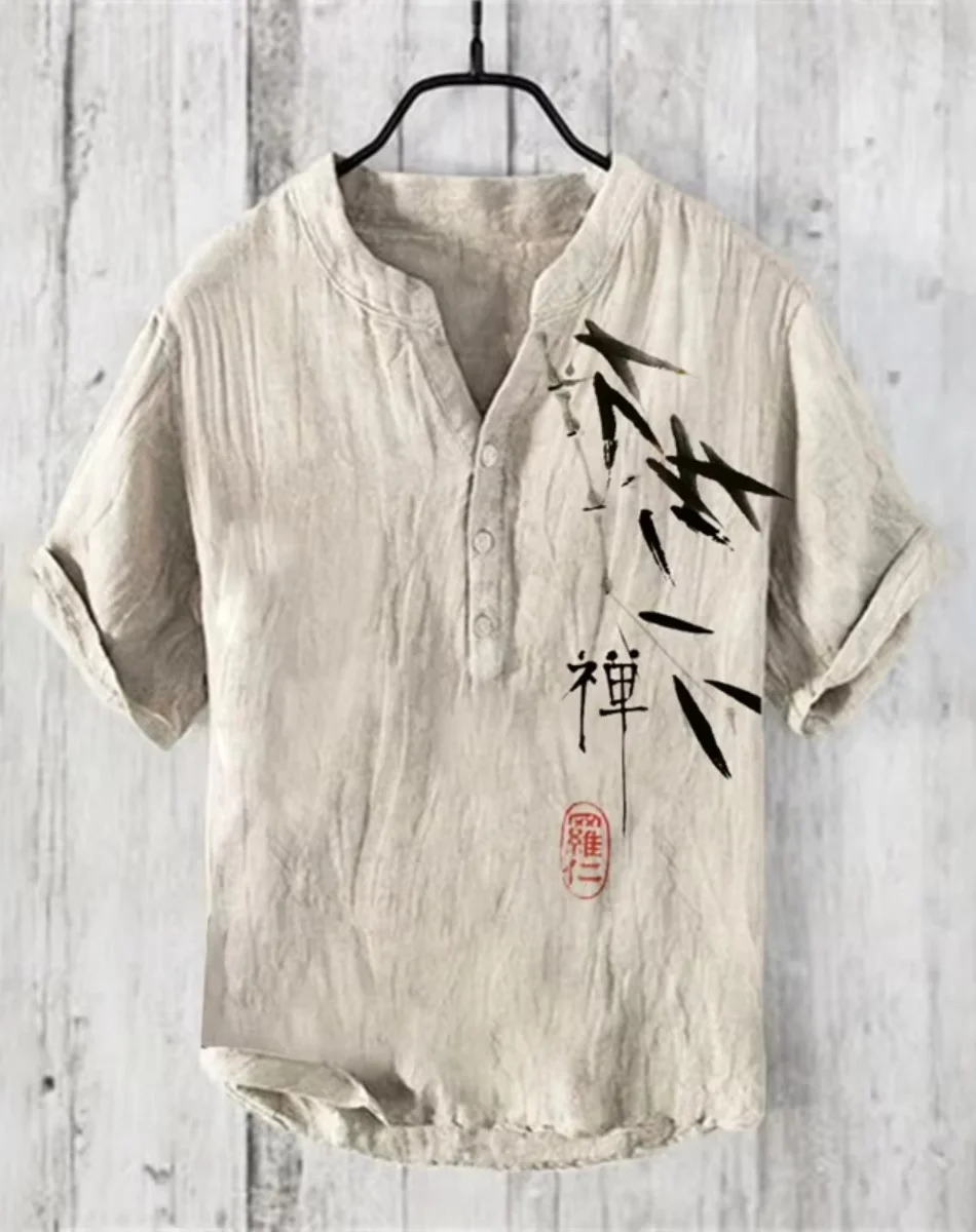 Мужская рубашка с короткими рукавами, высококачественная льняная ткань в стиле ретро, модный мужской наряд в китайском стиле, топ на пуговицах, V-образный вырез
