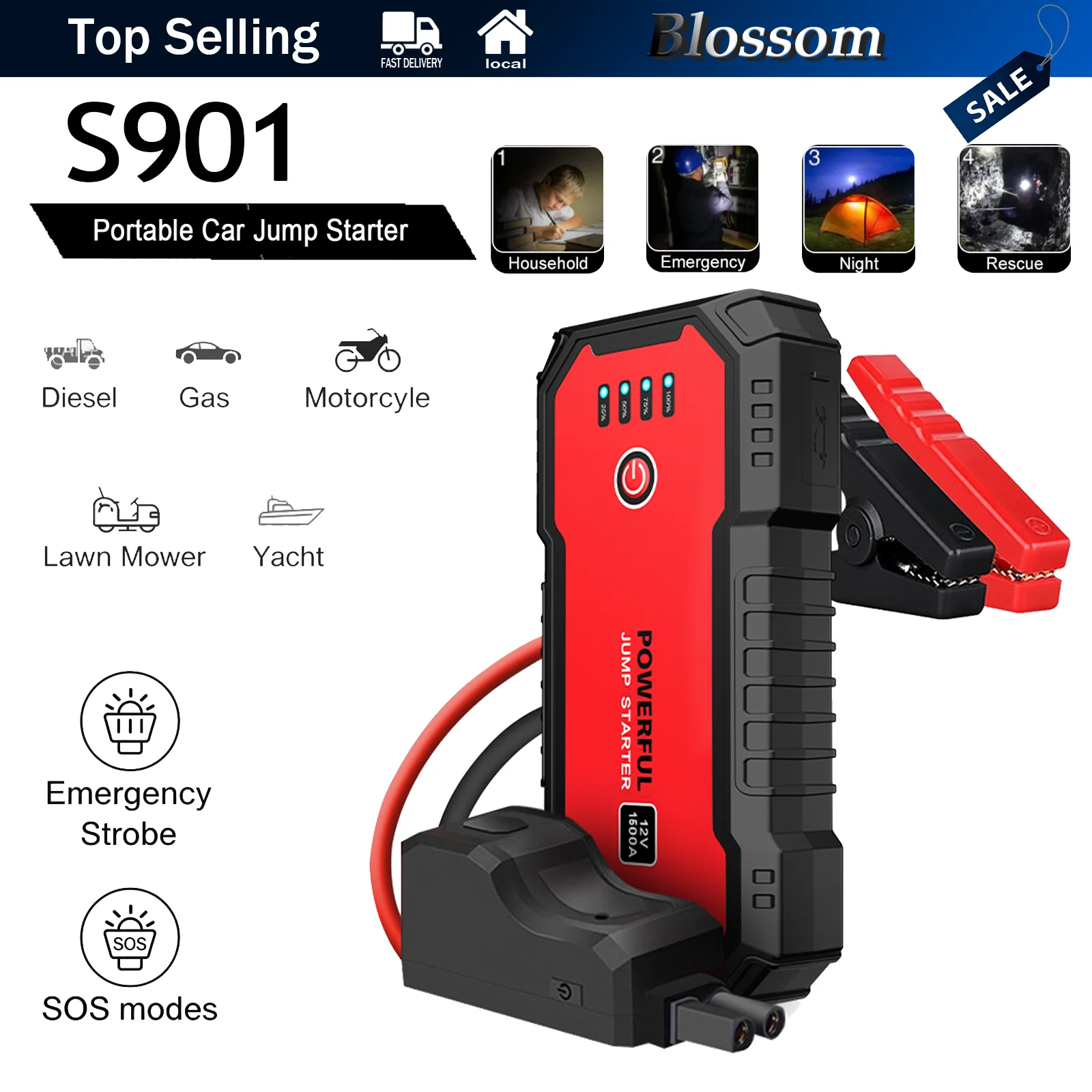 S901 Arrancador portátil para coche 12V alta corriente pico batería gran capacidad carga rápida QC linterna LED resistente al agua refuerzo de batería emergencia para coche SUV motocicleta camión vehículo todoterreno g