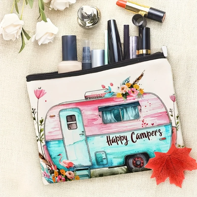 1Pc Happy Campers Retro Design Makeup Bag, Snack Storage Bag, Stationery Storage Bag, Fashionable Toiletry Bag, Canvas Double-Sided Printed Travel Bag