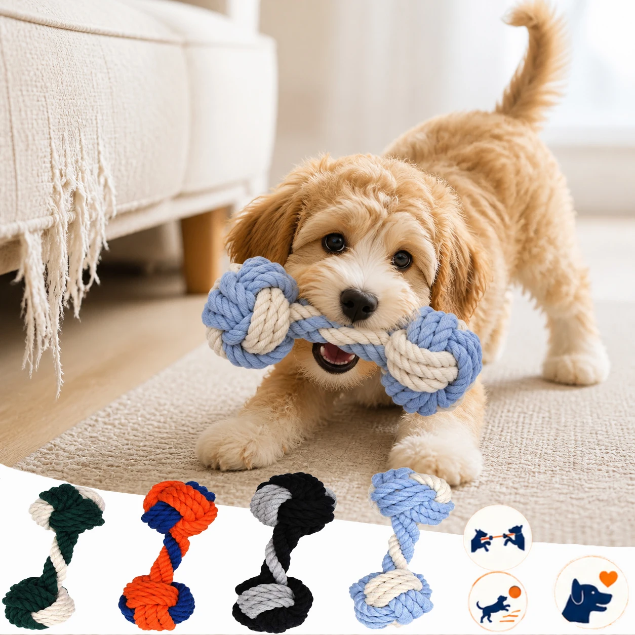 Jouet haltère en corde de coton pour chiens, résistant aux morsures, nettoie les dents, quatre couleurs, interaction, animaux domestiques, maison