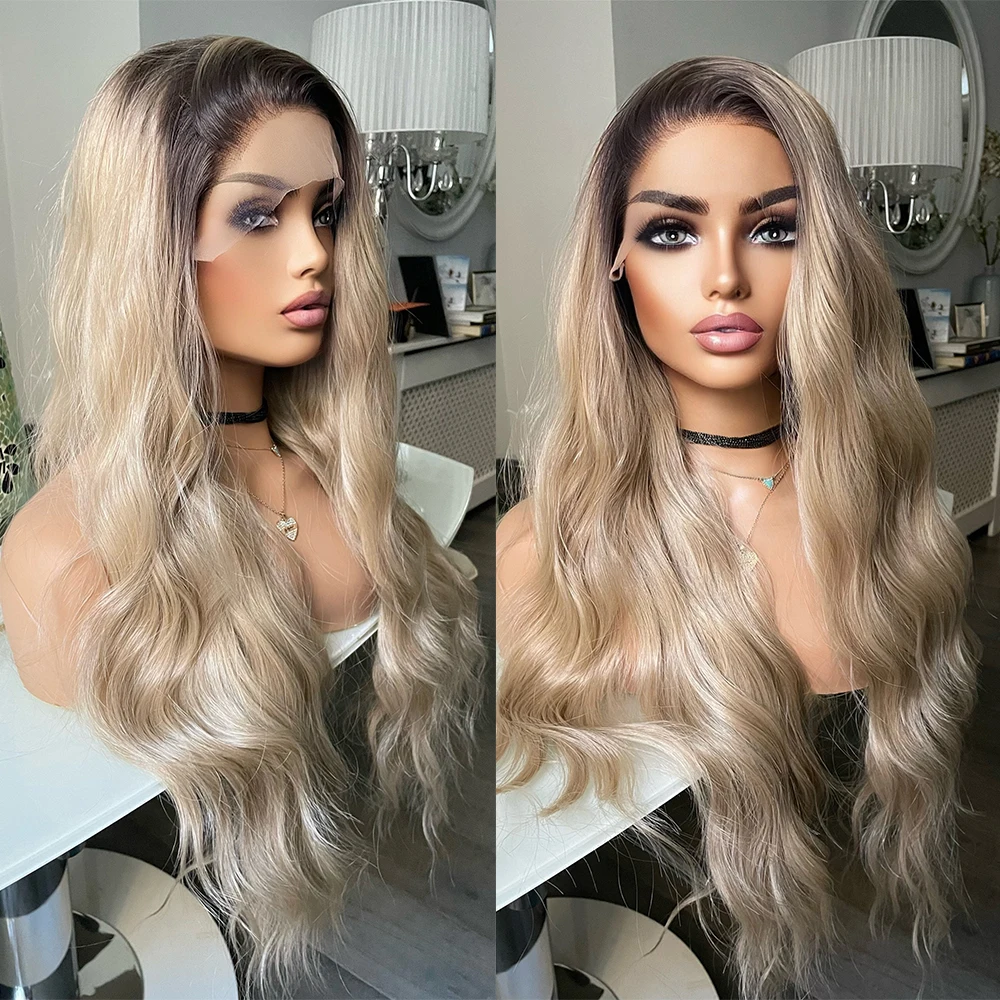 Perruque Lace Front Wig synthétique blond cendré ombré, racines brunes foncées, pour alopécie, perte de cheveux, cadeau pour femmes, résistant à la chaleur