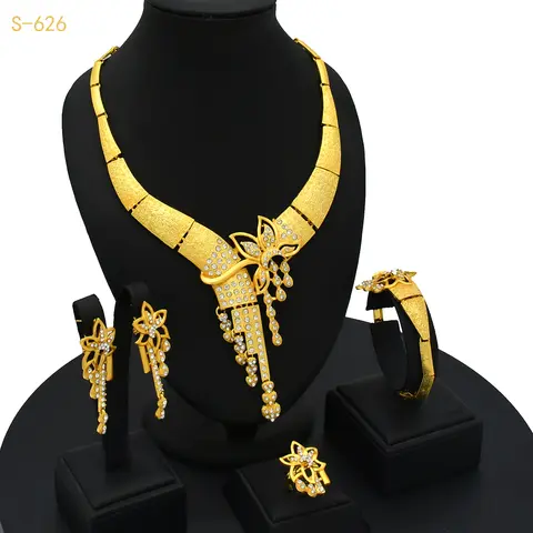 Bridal Dubai Gold Plated Jewelry Set For Women African 24K Gold Plated Necklace Earrings Set  Nigerian Indian Wedding Wholesale