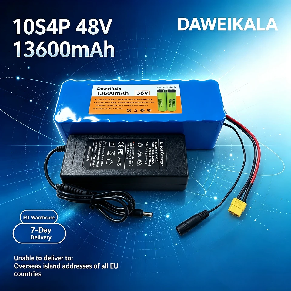 Hochleistungs-Lithium-Ionen-Akku 36V 13600mAh 10S4P Daweikala NCR18650B, XT60+DC-Anschluss, Ladegerät inklusive für E-Bike, Roller, Elektrofahrrad, Outdoor - EU-Lager 7 Tage Lieferzeit