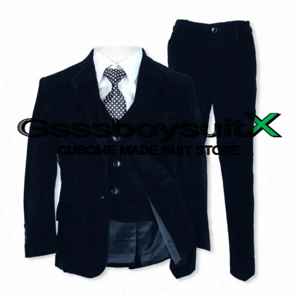 Boys Velvet Suit 3 Piece Wedding Tuxedo Kids Formal Blazer Pants Vest Party Blazer Set 2-16 Years Old Custom