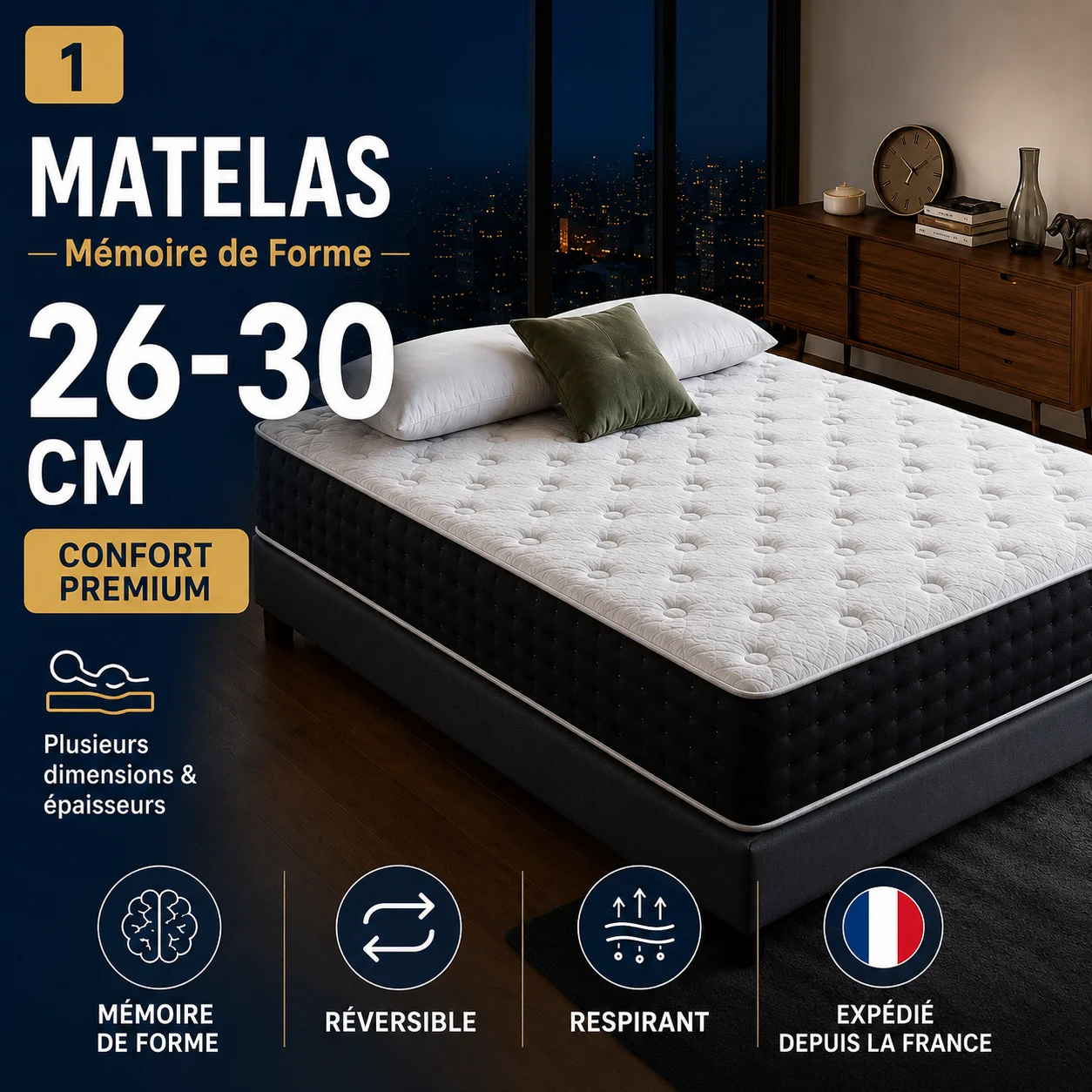 Expédié depuis la France, Matelas à Mémoire de Forme 26-30 cm, Confort Premium, Respirant, Hypoallergénique, Soutien Ergonomique