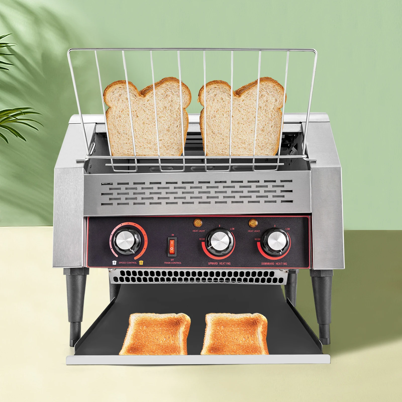 

Коммерческий конвейерный тостер, 2600 Вт, 450 ломтиков/ч, тостер для хлеба из нержавеющей стали с двойным выходом, регулируемая температура для кафе и пекаря