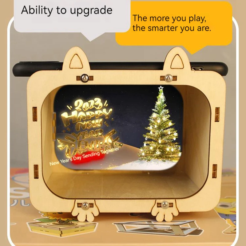 DIY 3D Holographic Illusion Viewer Kit Wooden Smartphone Cinema Science Experiment Model for Kids Students