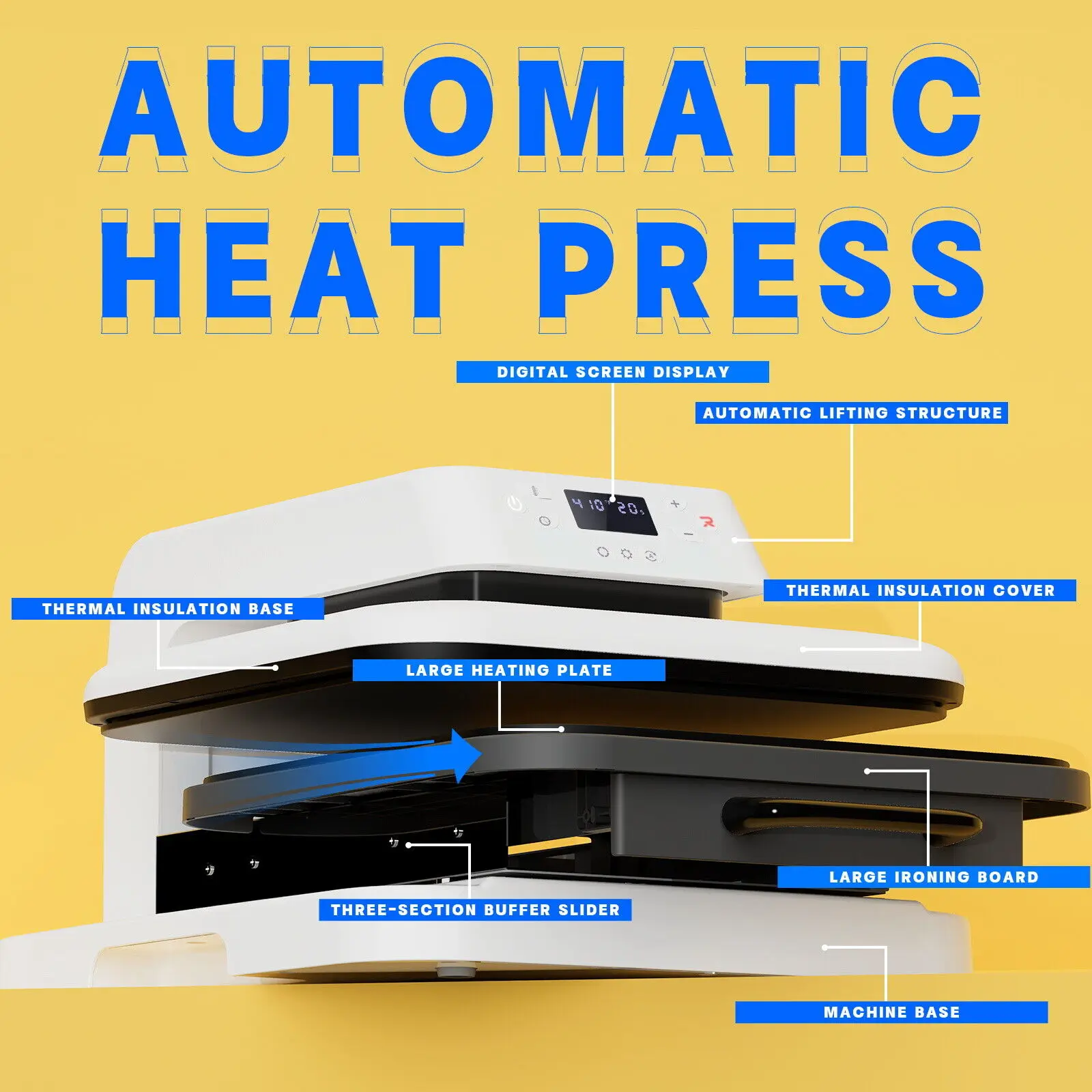 HTVRONT 15x15in 1500w Auto Heat Press Machine Auto Pressure DIY Iron On HTV Vinyl Sublimation for Cricut T-shirt Bag Hat Fabric