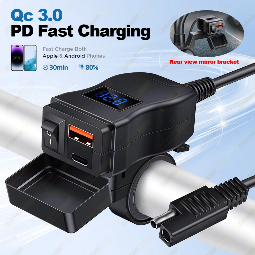 GrandNavi QC3 Motorcycle USB Fast Charger Waterproof Type C 12v Port Socket Connector With Cell Mobile Voltmeter Digital Charge