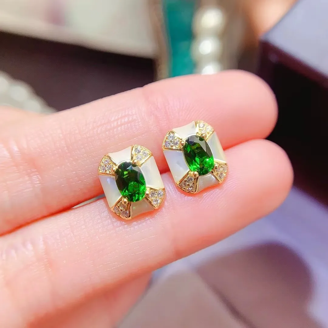 boutique jewelry natural diopside women's earrings 4x6mm electroplated 18K gold mother pearl design, give girlfriend's birthday