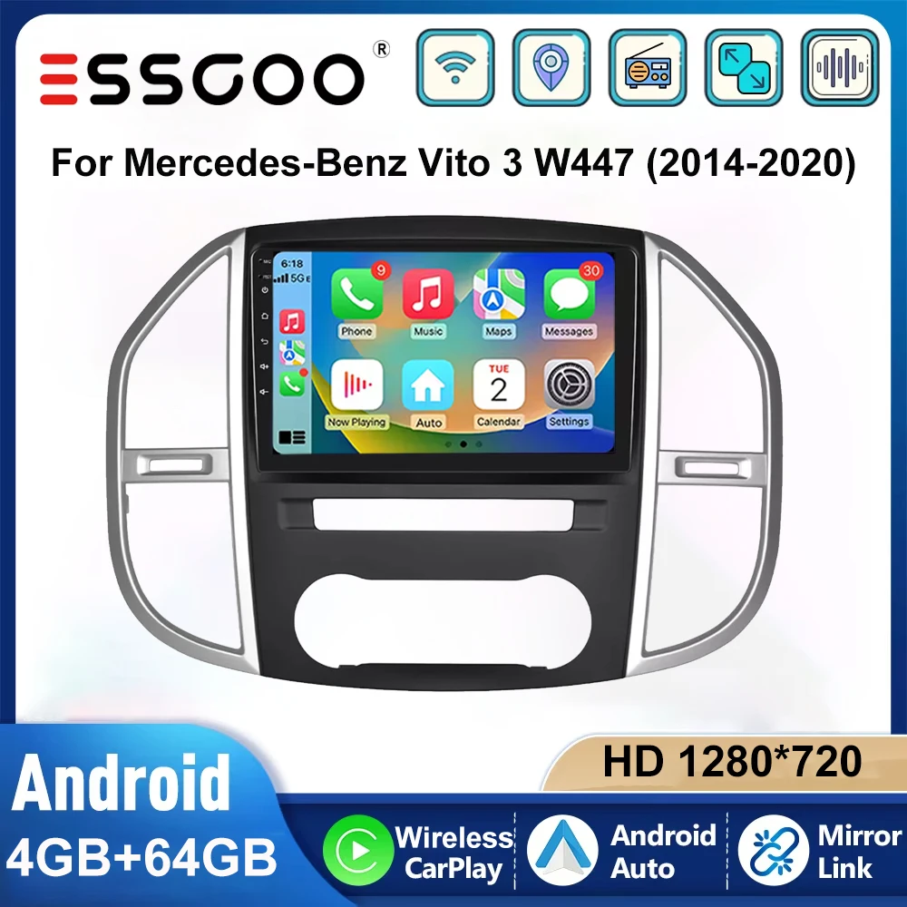 ESSGOO 10" Autoradio Stereo Android 15 4+64GB Für Mercedes‑Benz Vito 3 W447 2014‑2020 Kabelloses CarPlay Android Auto GPS Navigation RDS FM WIFI Bluetooth Mirror Link Lenkradsteuerung Touchscreen