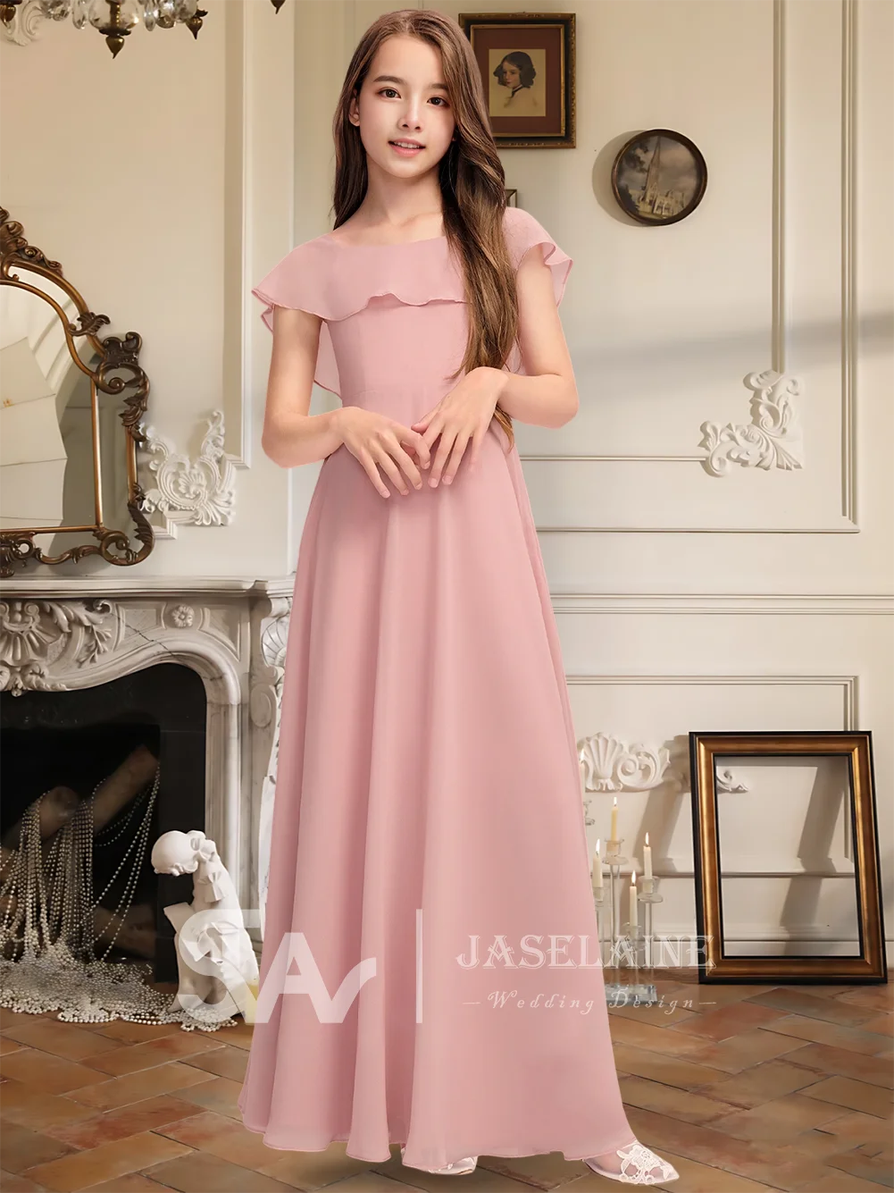 Elegante abito da damigella d'onore junior in chiffon a trapezio con scollo a barchetta e volant a cascata, abito da ragazza di fiori, festa di nozze per ragazze