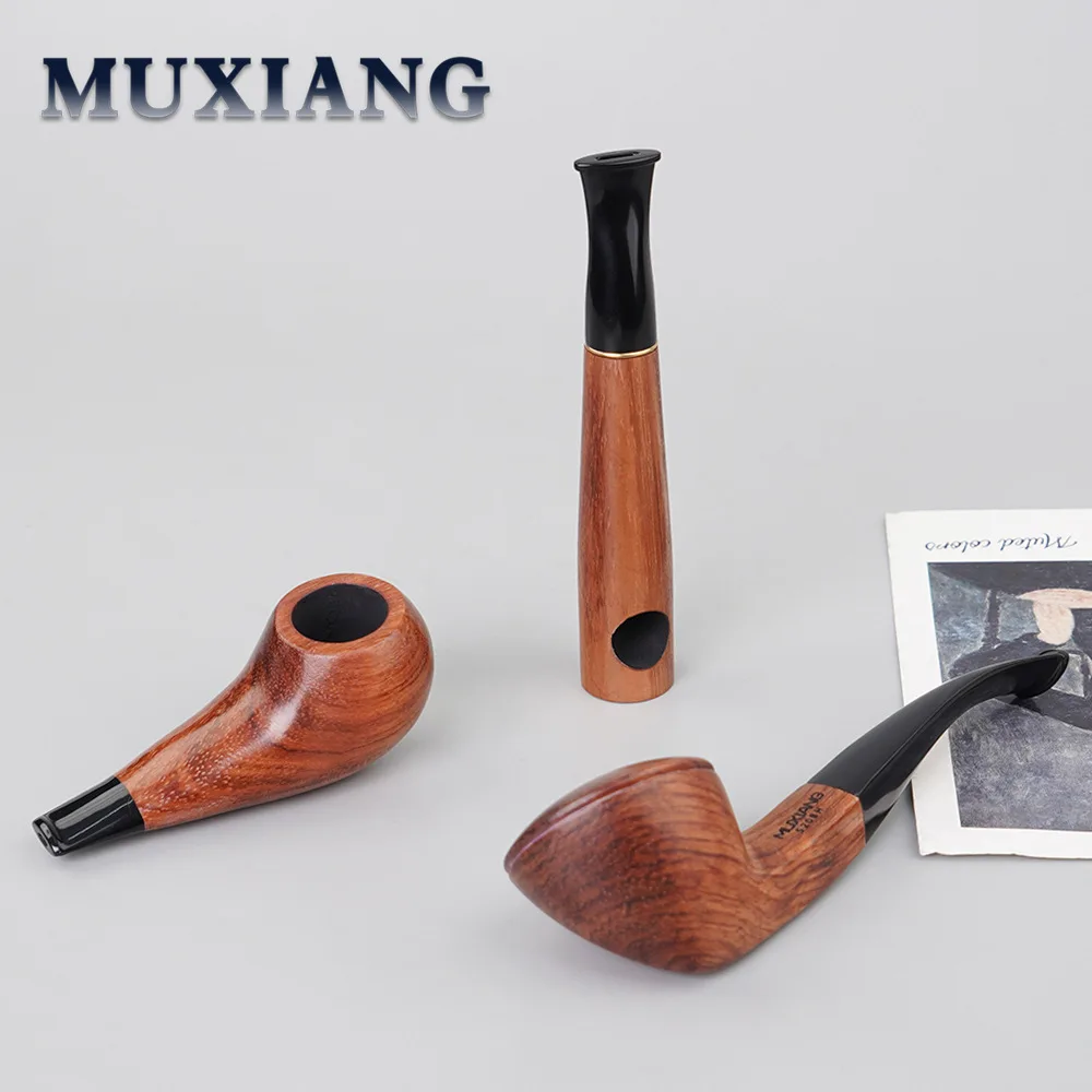 MUXIANG Importe Rosewood Classic Smoking Pipe 3/9mm Filter Bent Tobacco Pipe Gold Ring Wood Pipe with Smoke Pipe clean Accessory