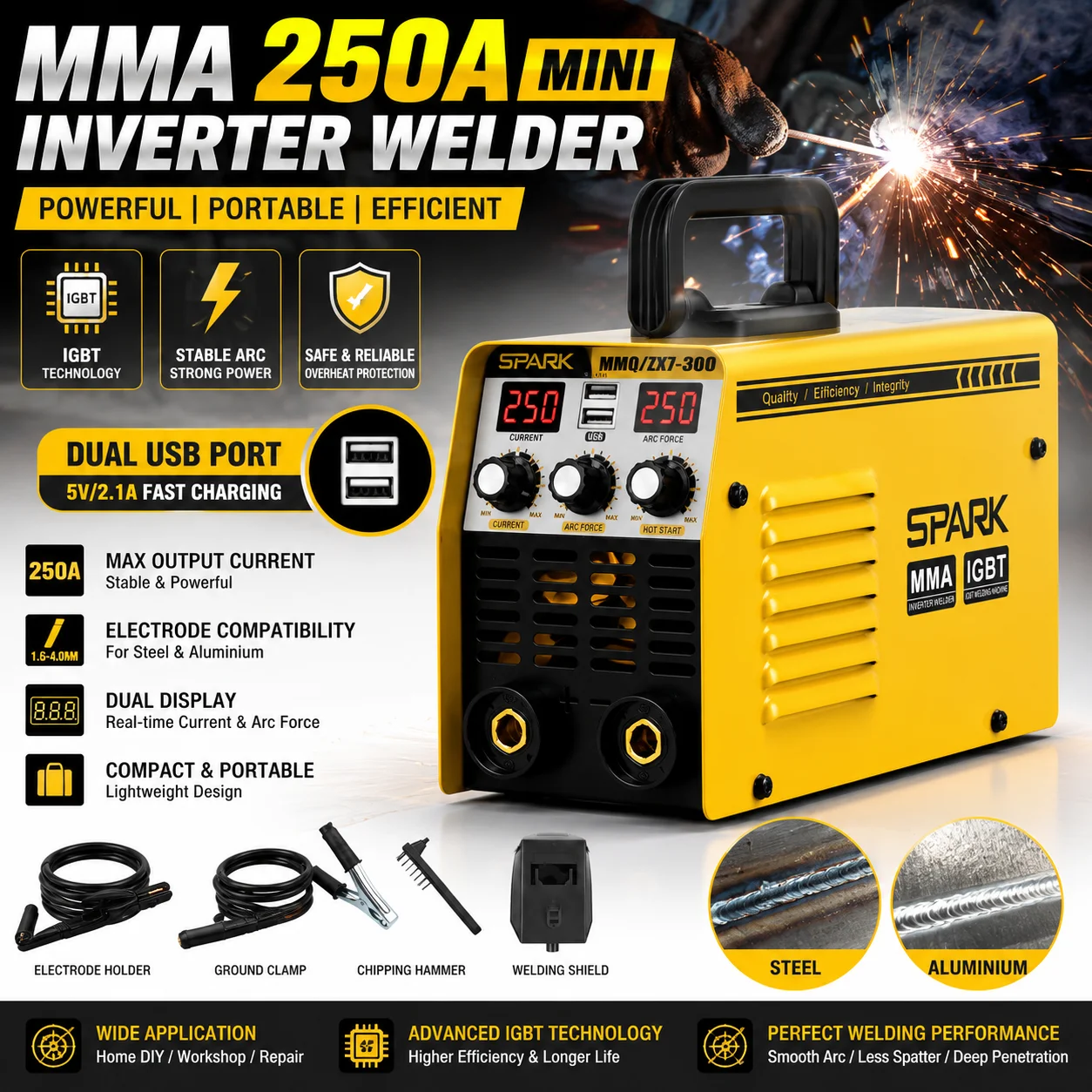 Saldatrice MMA 250A Mini Inverter IGBT con Doppia Porta USB e Due Display, Saldatrice ad Arco Portatile per Elettrodi da 1.6–4.0mm, Adatta per Acciaio e Alluminio in Casa, Officina e Lavori di