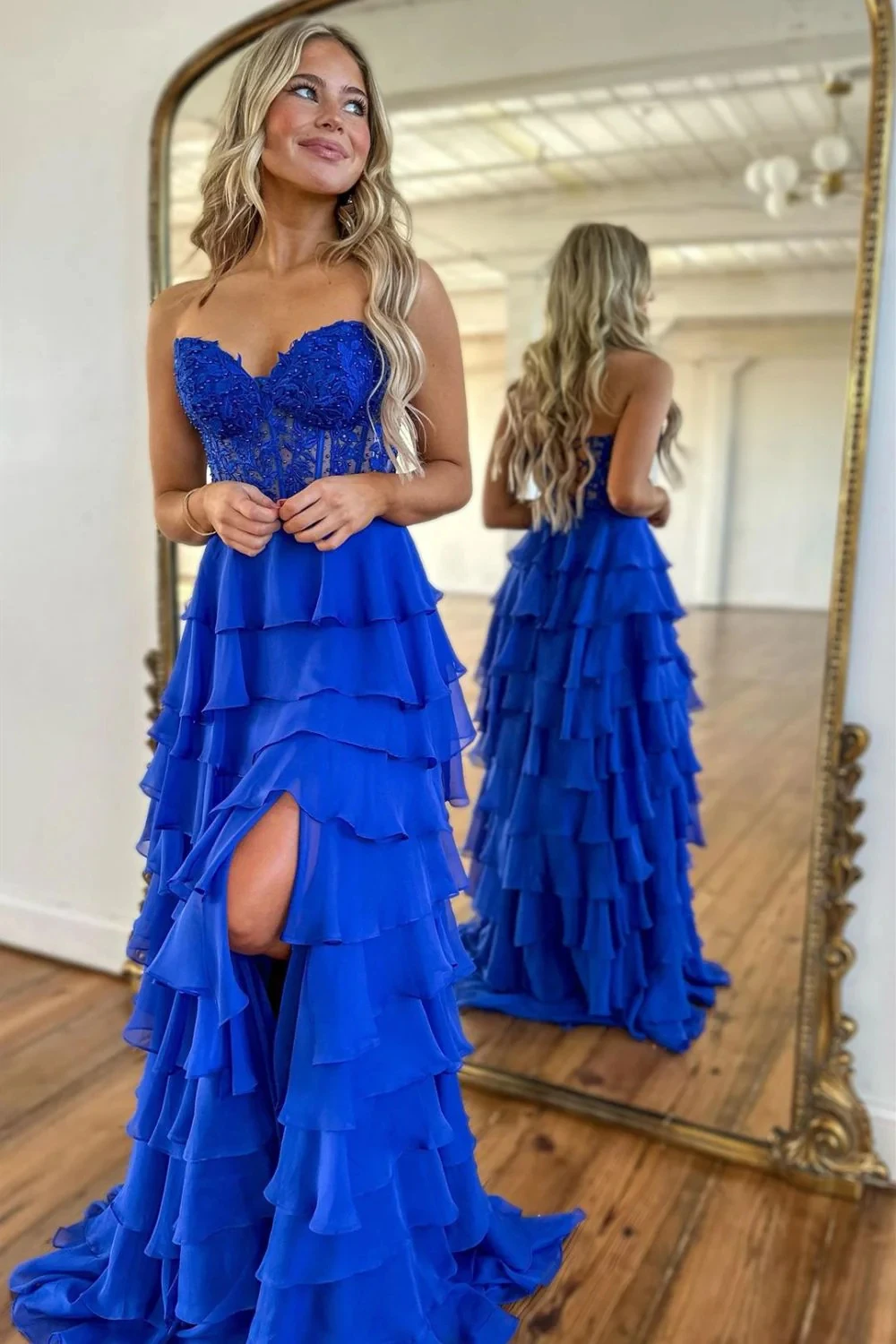 

Lace Strapless Corset Prom Dresses for Women 2024 Long Tiered Ruffle Charming Chiffon Formal Evening Party Dress with Slit