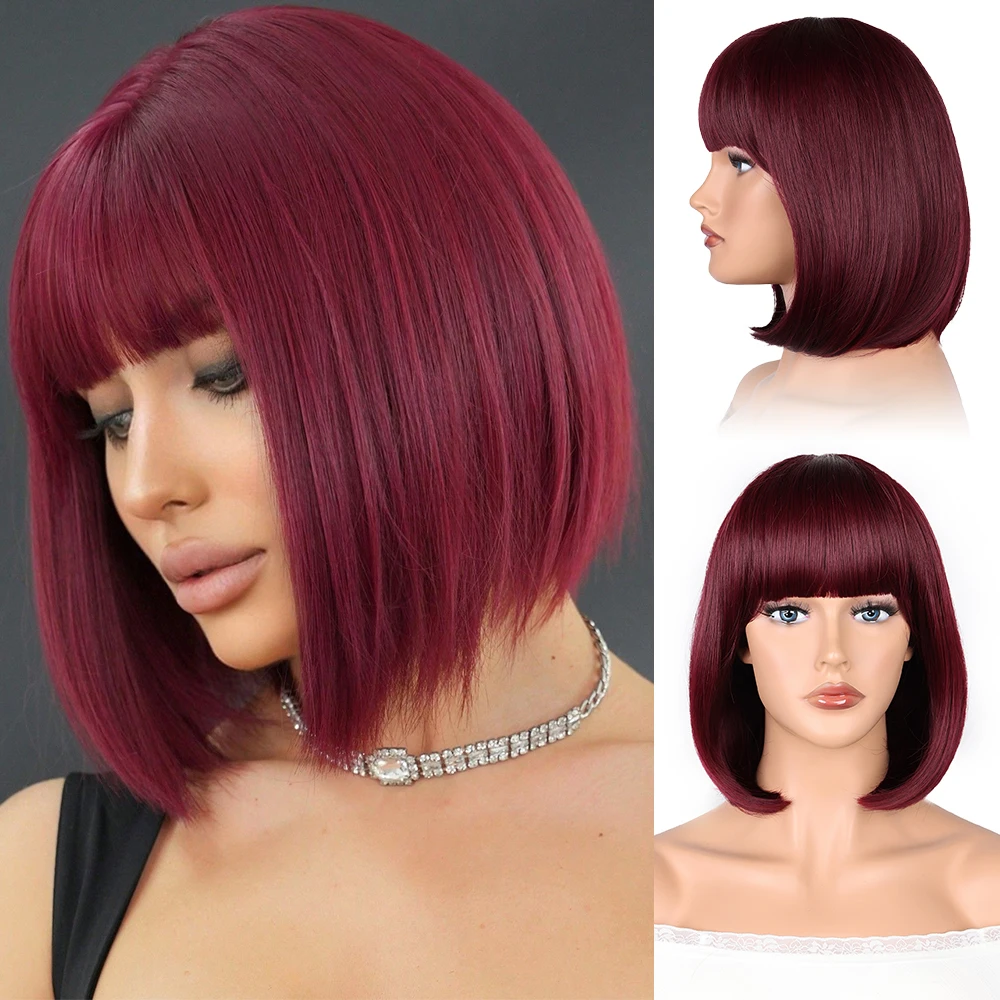 Wine Red Short Wave Bob Wig Suitable for Women's Bangs 14 Inches Straight Synthetic Role-Playing Party Wig, Suit