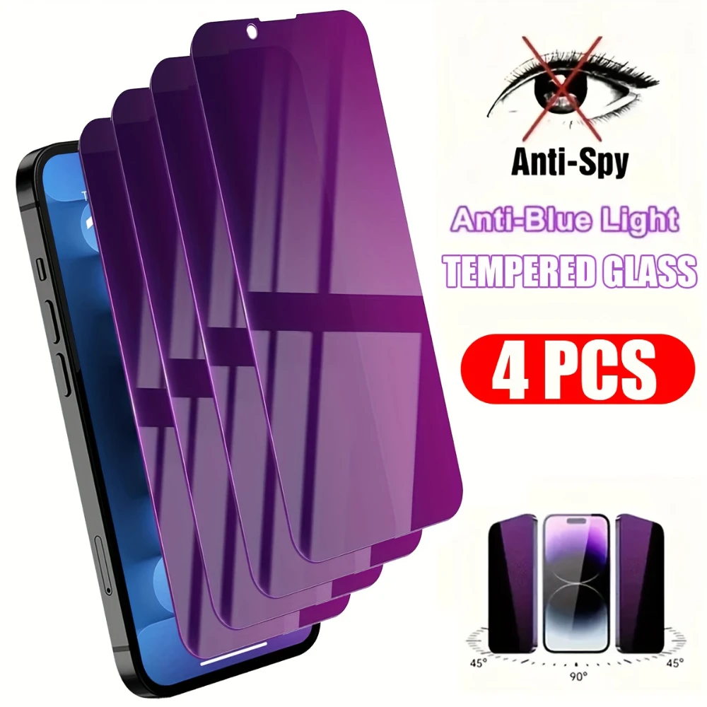 4Pcs Full Coverage Purple Light Blocking Privacy Screen Protectors for iphone 17 16 15 14 13 12 11 Pro Max Plus 17Air 16e XS Max