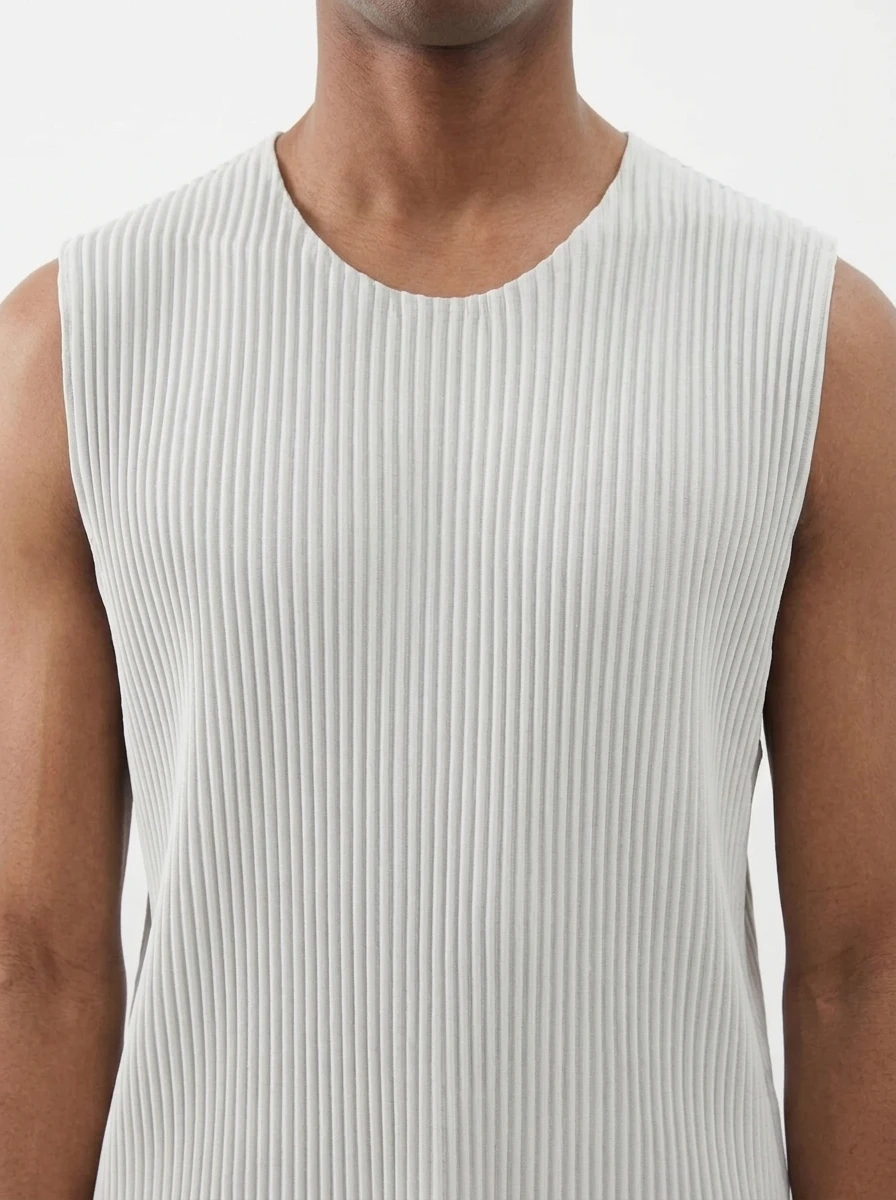 Miyake Pleated Men Sleeveless Vest Round Neck Loose Fit Casual Tank Top Japanese Minimalist Daily