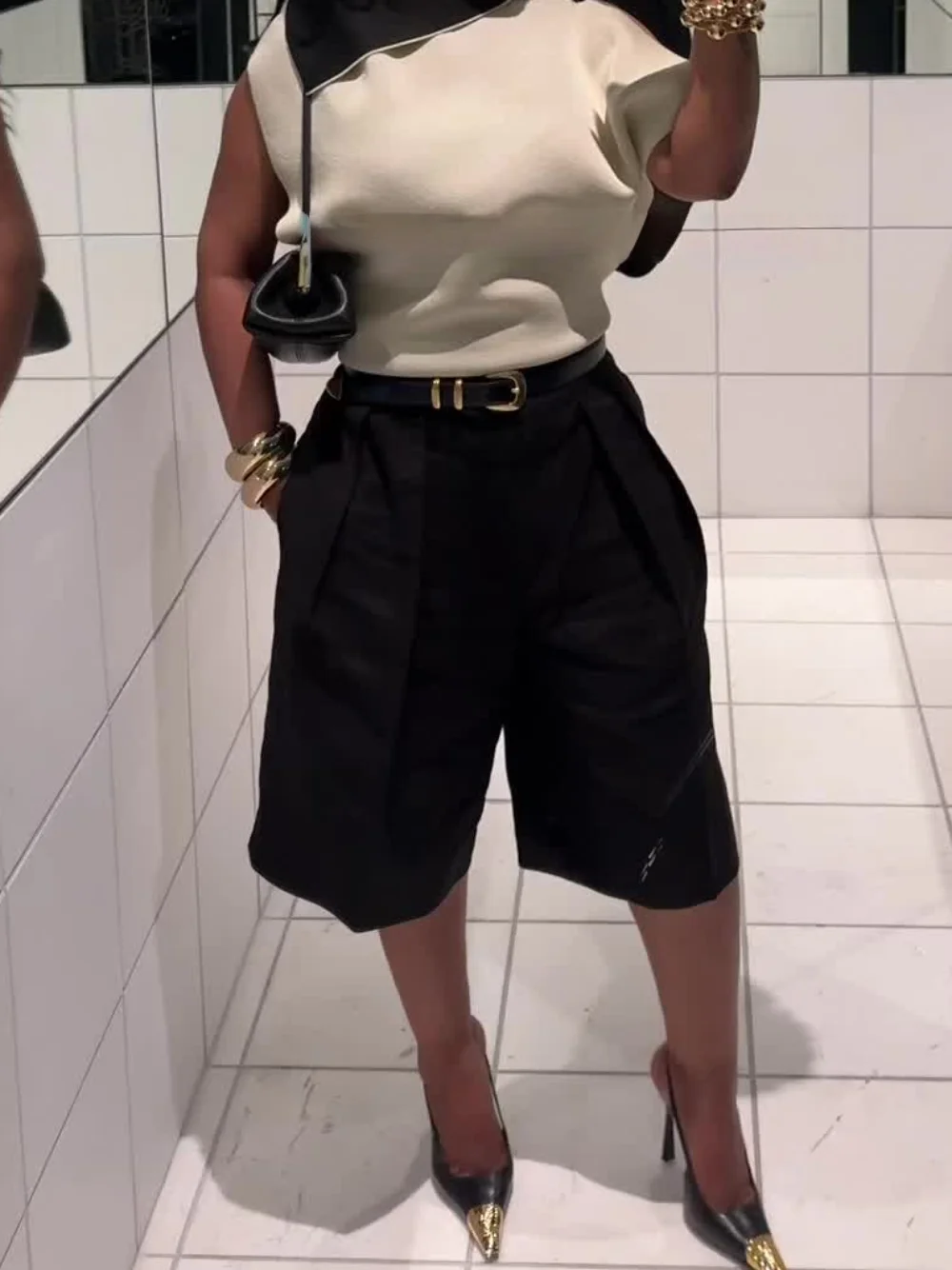 Pantalones Cortos Bermuda de Cintura Alta para Mujer con Cinturón de Serpiente, Elegantes Pantalones Cortos Plisados de Pierna Ancha, Casuales de Verano para Oficina, Largos hasta la Rodilla